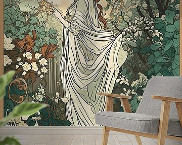 Vrouw in weelderige tuin, stijl Alphonse Mucha van Jan Bechtum