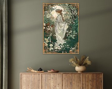 Vrouw in weelderige tuin, stijl Alphonse Mucha van Jan Bechtum