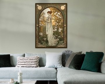 Vrouw in weelderige tuin, stijl Alphonse Mucha van Jan Bechtum