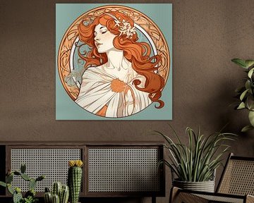 Vrouw met lang rood haar, stijl Alphonse Mucha van Jan Bechtum