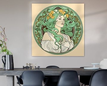 Frau mit langen grünen Haaren, im Stil von Alphonse Mucha von Jan Bechtum