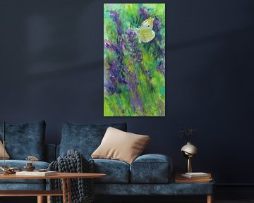 Vlinder op lavendelbloem pastel schilderij van Karen Kaspar