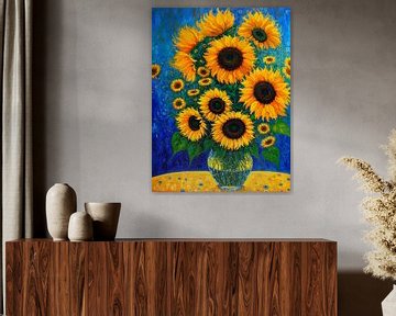 Zonnekracht – Vaas met Zonnebloemen in Expressieve Kleuren van Retrotimes
