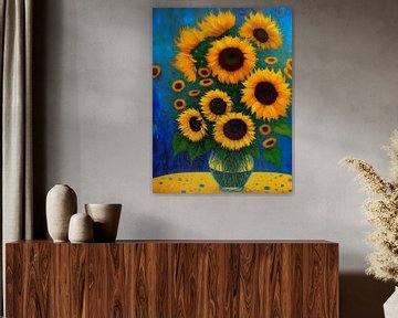 Een vaas met kleurrijke zonnebloemen van Retrotimes