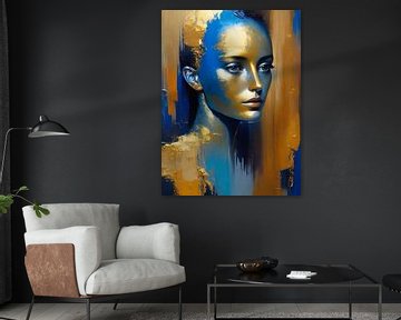 Abstract portret van een vrouw in blauw en goud van Retrotimes