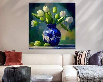 White tulips on Delft blue vase by Lauri Creates