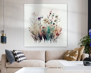 Aquarell, buntes minimalistisches Blumenfeld von Color Square