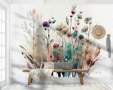 Watercolour, colourful minimalist field of flowers by Color Square