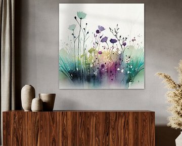 Kleurrijk minimalistisch bloemenveld, Aquarel van Color Square