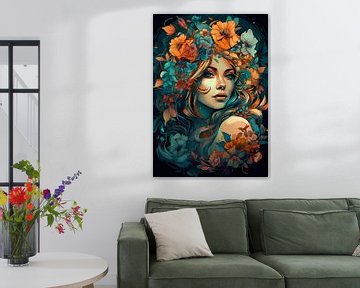 Vrouw met bloemen, art nouveau, psychedelisch van Jan Bechtum