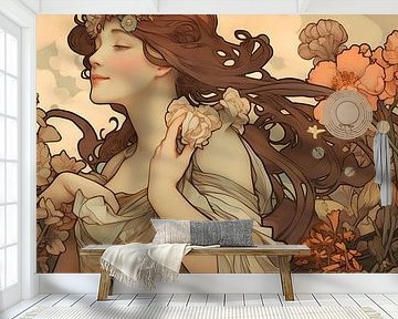 Woman in flower garden art nouveau extra wide by Jan Bechtum