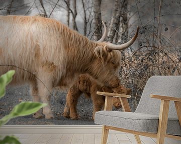 Schotse Hooglander met haar jong kalfje van Ans Bastiaanssen