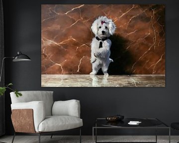Wit hondje staat tegen bruine marmeren muur van Maud De Vries