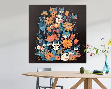 Katten en bloemen in de stijl van Charley Harper van Jan Bechtum
