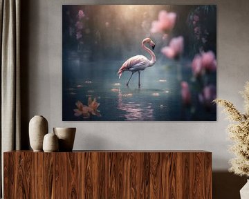 Flamingo in dromerig water van Eva Lee