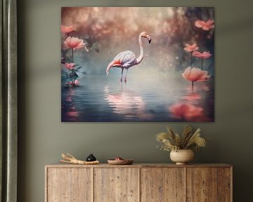 Flamingo in dromerig water van Eva Lee