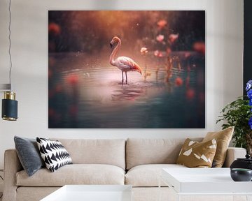 Flamingo in dromerig water van Eva Lee