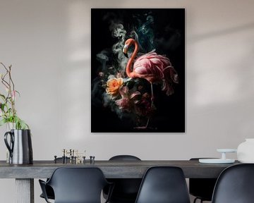 Flamingo in een Explosie van Bloemen en Kleuren van Eva Lee