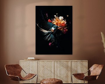 Kolibri in einer Explosion von Blumen, Farben und Federn von Eva Lee
