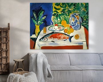 Modernes halbabstraktes Esszimmerbild mit Fischen von Vlindertuin Art