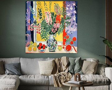Semi-abstraktes Gemälde eines Sommerblumenstraußes in einer Vase. von Vlindertuin Art