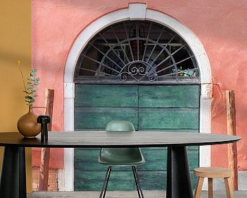 Salmon pink wall with green wooden doors in Venice by Danielle Roeleveld
