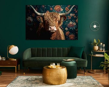 Portret van een Schotse hooglander koe tegen een bloemetjes achtergrond van Vlindertuin Art
