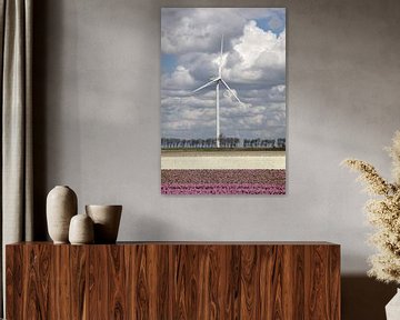 a tulip field and a modern wind turbine for clean energy