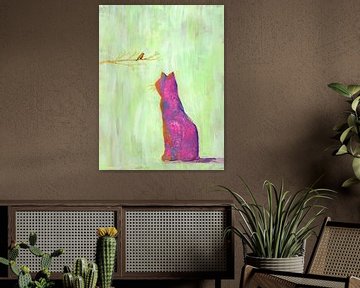Roze Kat en Oranje Vogel Acrylschilderij van Karen Kaspar