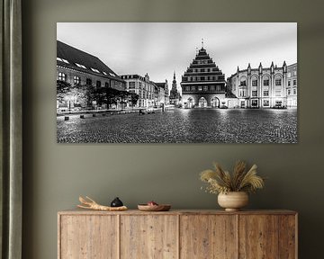 Hôtel de ville sur la place du marché à Greifswald - noir et blanc sur Werner Dieterich