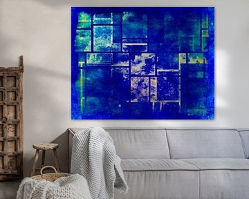 Mondriaan Geïnspireerde Geometrie Wabi-Sabi Pop Art Blauw van FRESH Fine Art