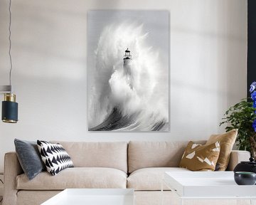 Vuurtoren tussen opspattende golven van Artsy