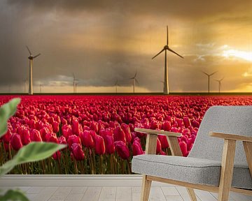 Rode tulpen in een veld met windturbines op de achtergrond van Sjoerd van der Wal Fotografie
