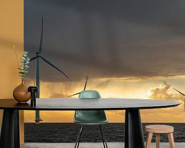 Windturbines in een offshore windpark tijdens zonsondergang van Sjoerd van der Wal Fotografie