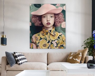 Modern portret "Het meisje met de roze hoed" van Carla Van Iersel