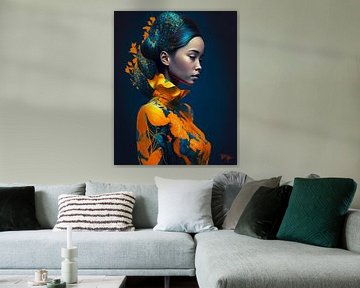 Portret van een vrouw in oranje kleding van René van den Berg