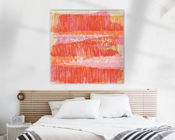 Dromerig landschap in pastelkleuren. Moderne abstracte kunst in oranje, rood en roze van Dina Dankers