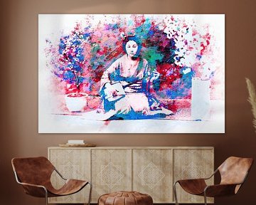 Geisha Spirit en rouge et cyan style rétro japandi sur Mad Dog Art