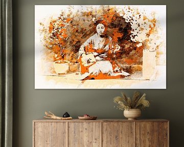 Geisha Spirit in warm colours Retro Japandi style by Mad Dog Art