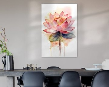 Lotus Bloem roze en groen op witte achtergrond van Digital Art Waves