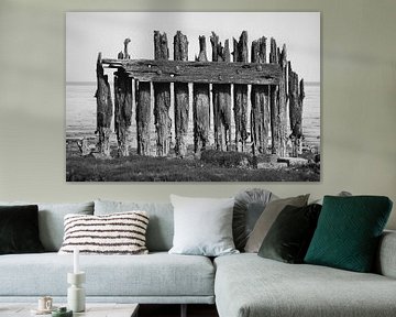 Oude palen van de rijsdam bij Moddergat (Friesland) van Michel Geluk