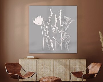 Moderne Botanische Kunst. Bloemen, planten, kruiden en grassen in grijs en wit nr. 6 van Dina Dankers