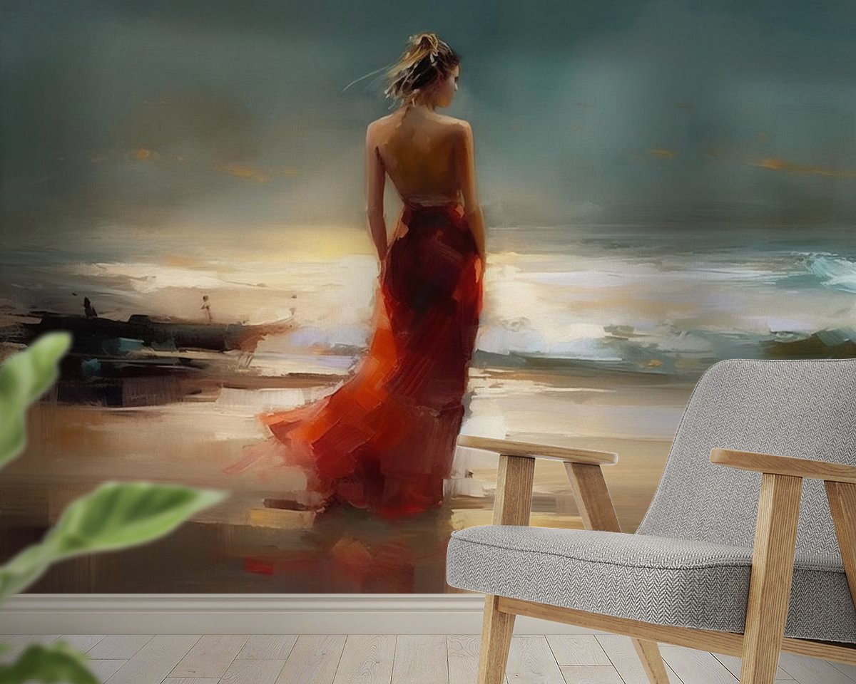 The woman on the beach in the red dress by Max Steinwald on canvas, poster, wallpaper and more