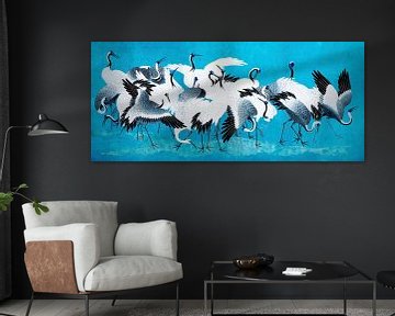 Aziatische kraanvogels in blauw cyaan van FRESH Fine Art