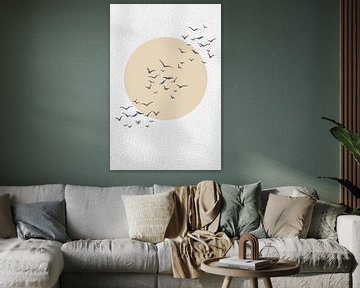 Japandi. Abstract landscape with pastel yellow sun and birds on Japanese bullseye pattern by Dina Dankers
