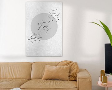 Japandi. Abstract landscape with pastel grey sun and birds on Japanese bullseye pattern by Dina Dankers