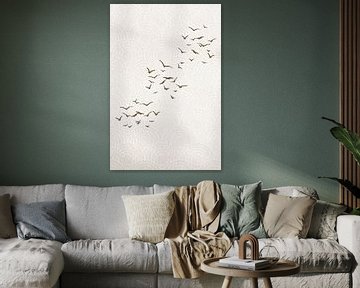 Japandi. Paysage abstrait en brun sépia avec des oiseaux sur un motif japonais. sur Dina Dankers