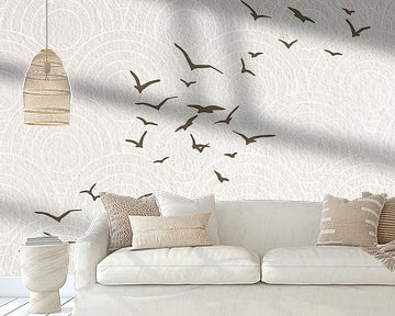 Japandi. Abstract landschap in sepia bruin met vogels op Japans bullseye patroon. van Dina Dankers