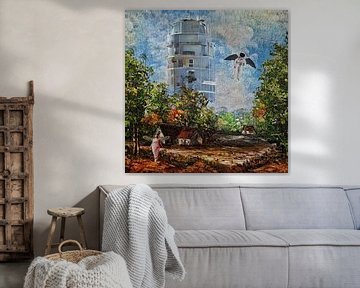 Painting of landscape, with apartment building and flying astronaut