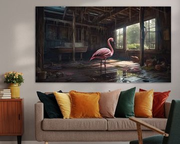 Desolate Dock: Flamingo in the Abandoned Boathouse van Patrick Nijhuis